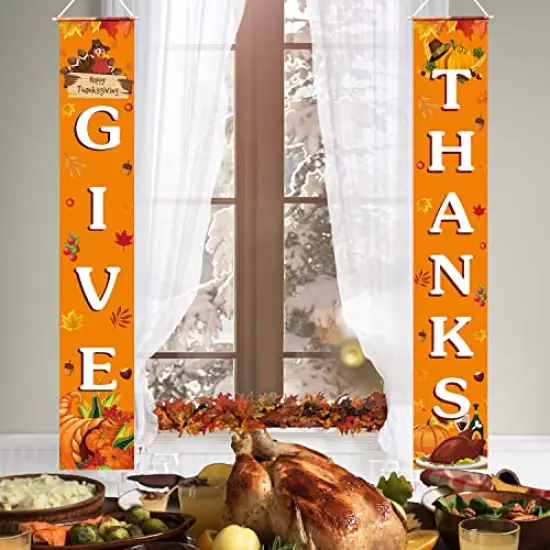 Thanksgiving Decorations GIVE THANKS Banner Porch Door Sign Autumn Fall Welcome Banner For Indoor Outdoor Wall Thanksgiving Decorations For Home {1}