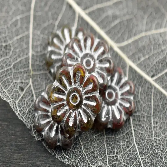 *6* 18mm Silver Washed Blended Red Topaz Daisy Flower Beads {3}