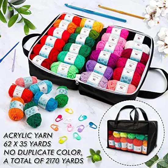62 Acrylic Yarn Skeins, 2170 Yards Yarn for Knitting and Crochet, Includes 2 Crochet Hooks,2 Weaving Needles,10 Stitch Markers, Perfect Crochet Beginner Kit for for Adults Kids {1}