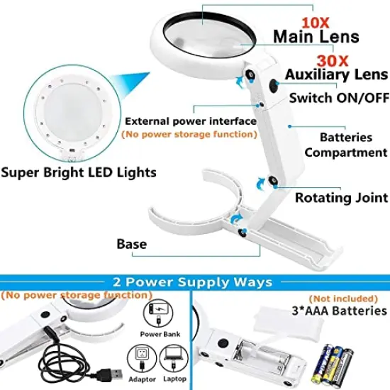 30X 10X Magnifying Glass with Light and Stand, Foldable Handheld Magnifying Glass & 2 Level Dimmable for Close Work, Macular Degeneration, Seniors Reading, Powered by Battery or USB {1}