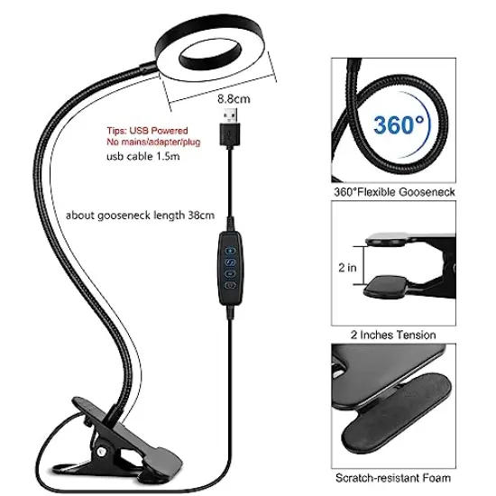 Desk Clip on Lamp for Reading Home Office, 10 Dimmable Brightness 3 Modes, Ring/ Clamp Light for Bed Headboard, Craft, Computer, Video Call {1}