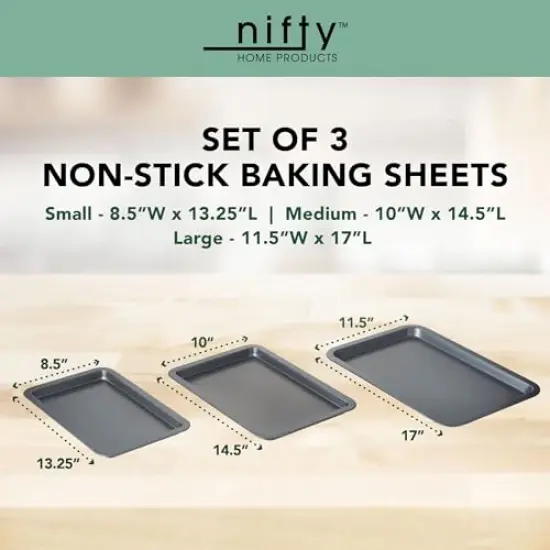 (Set of 3)Cookie & Baking Sheets&ndash; Non-Stick Coated Steel, Dishwasher Safe, Oven Safe up to 450 Degrees, includes Large/Med/Small Pans {1}