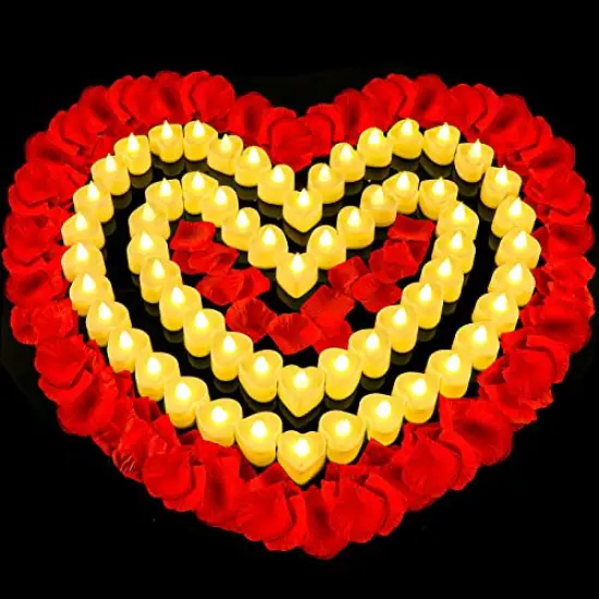 6000 Pieces Artificial Rose Petal with 72 Pieces Romantic Heart Led Candle Flameless Love Led Tealight Candle for Valentine's Day Romantic Night Anniversary Table Decor (Warm White Light) {3}