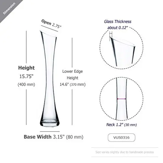 Bud Vase, Width 3", Height 15.75", Clear Tall Slant Cut Opening Gathering Concaved Glass Floral Container Centerpiece for Wedding Party Event Home Office Decor, 1 Piece {1}