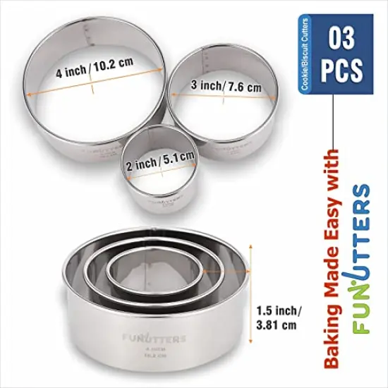 3 Pieces Cookie Cutter Set 2 3 4 INCH x 1.5 INCH,Round Metal Baking Rings for Pastry, Biscuits, and Dough Cutting, Heavy Duty and Reusable, Multiple Sizes {1}