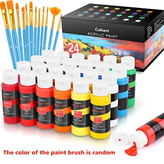 24 Colors Acrylic Paint Set With 12 Brushes, (59ml, 2oz) Art Craft Paints Gifts for Artists Kids Beginners & Painters, Easter Basket Stuffers Pumpkin Canvas Ceramic Rock Painting Supplies Kit {1}