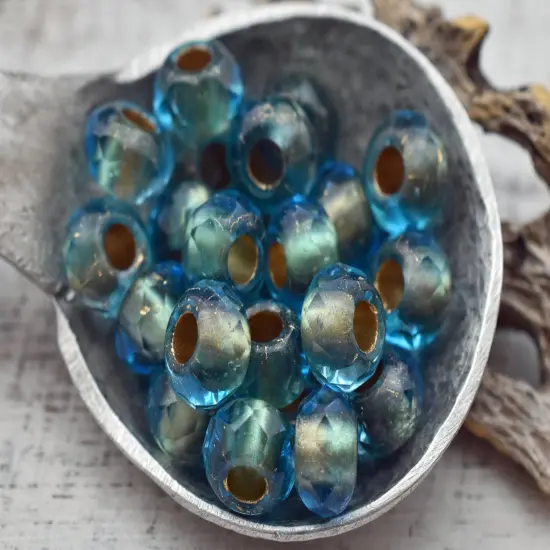 *25* 5x8mm Gold Lined Capri Blue Faceted Large Hole Rondelle Roller Beads {5}