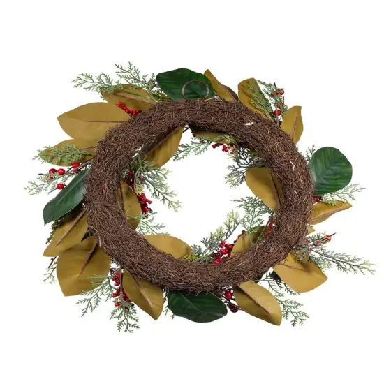 24" Un-Lit Mixed Leaves & Berries Green Wreath &ndash; Classic Christmas Decoration {4}