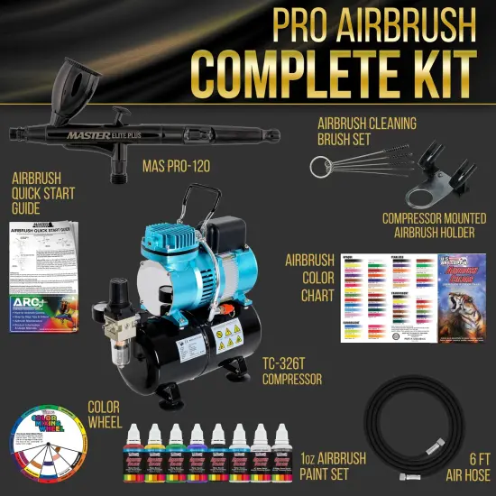Cool Runner II Dual Fan Air Storage Tank Compressor System Kit, Master Elite Plus Elite Performance Airbrush Set, 6 Color Acrylic Paints {2}