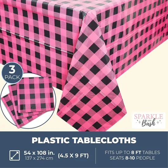 Sparkle and Bash Buffalo Plaid Table Covers for Girl Baby Shower (54 x 108 in, 3 Pack) Pink {2}