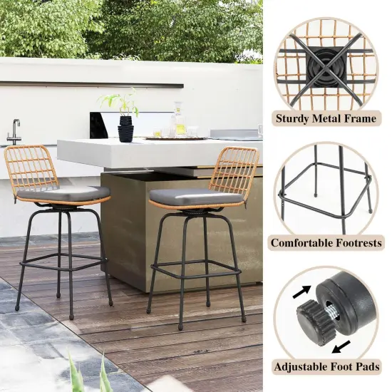 Costway Patio 360&deg; Swivel Bar Stools Set of 2 with Backrests & Footrests Soft Seat Cushions {6}