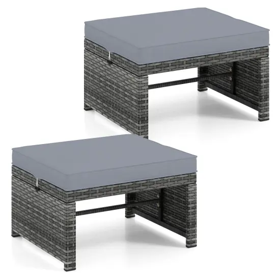 Costway Patio Ottomans Set of 2 PE Rattan Footstools with Removable Cushions & Metal Frame Red/Gray/Black/White/Turquoise/Navy {10}