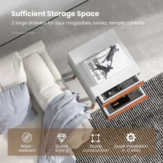 Costway End Table W/Drawers and Storage Wooden Mid-Century Accent Side Table Multipurpose for Bedroom, Living Room Home Furniture Nightstand {6}