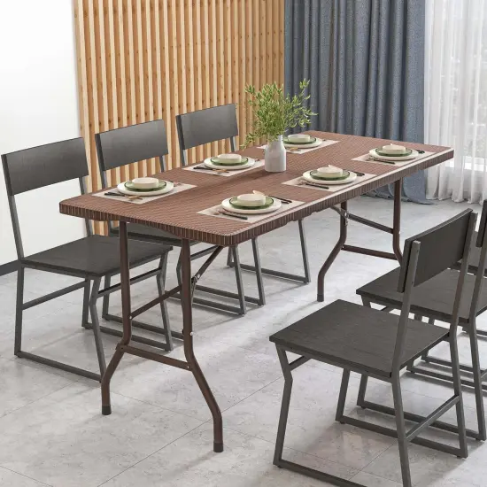 Costway 5 ft Folding Picnic Table Outdoor Dining Table with Rattan Grain HDPE Tabletop Brown/Black {5}