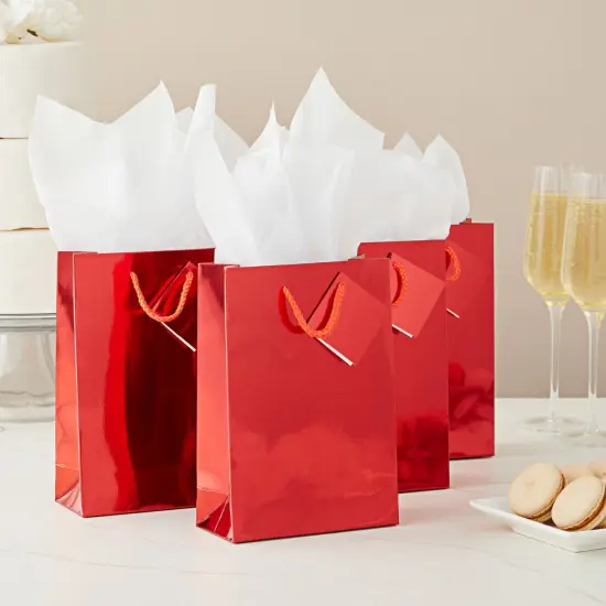20-Pack Small Glossy Gift Bags with Handles, 5.5x2.5x7.9-Inch Paper Bags with Foil Coating, White Tissue Paper Sheets, and Tags for Small Business (Red) {2}