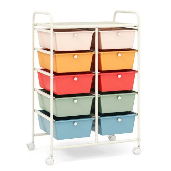 Costway 10-Drawer Storage Cart Utility Rolling Trolley Kitchen Office Organizer Black/Clear/Macaron/Grey/Black Gardient/Multicolor/Pink/RainbowithWhite/Hot Pink/Skin Pink/Purple {9}