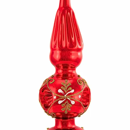 Golden Bell Collection 13.25 In Shiny Red Finial W/Gold Design Christmas Tree Topper , Christmas Decor Reflector Tree Topper {3}