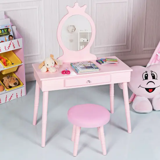 Costway Kids Vanity Makeup Table & Chair Set Make Up Stool Play Set for Children {7}