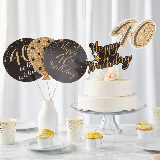 30 Pieces 40th Birthday Decorations, Black and Gold Centerpiece Stick Table Toppers, 4 Designs for Party Supplies {2}