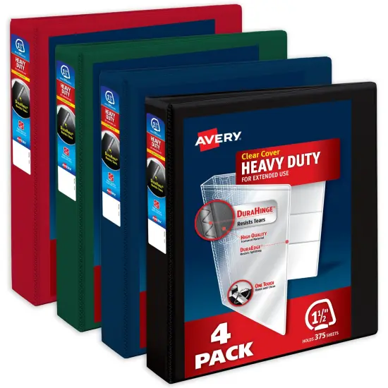 Avery Heavy-Duty View 3 Ring Binders, 1.5 Inch One Touch Slant Rings, 375-Sheet Capacity, DuraHinge, 2.1 Inch Wide Spine, Customizable Clear Cover and Spine, Assorted Dark Colors (4-Pack of 79635) {1}