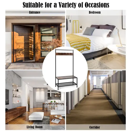 COSTWAY 3 in 1 Industrial Coat Rack Shoe Bench Entryway Hall Tree Storage Shelf w/ Hooks {6}
