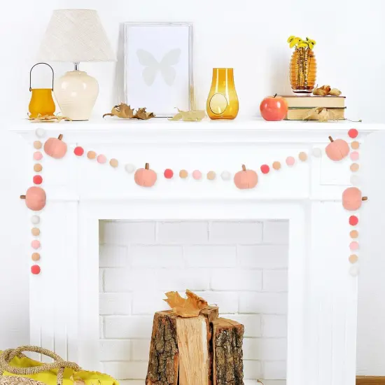 8.2Ft Fall Felt Pom Pom Banner Pink 3D Pumpkin Shape Felt Hanging Garland {4}