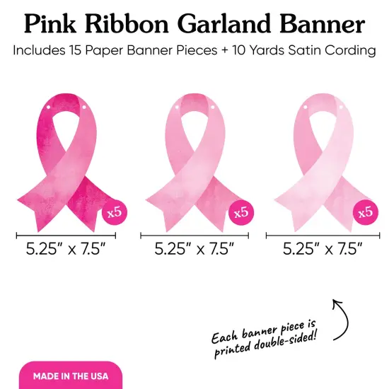 Big Dot of Happiness Pink Ribbon Garland Banner, Breast Cancer Awareness Support Decor, 30 Feet of Cord, 15 Double-Sided Pink Ribbon Pieces {5}
