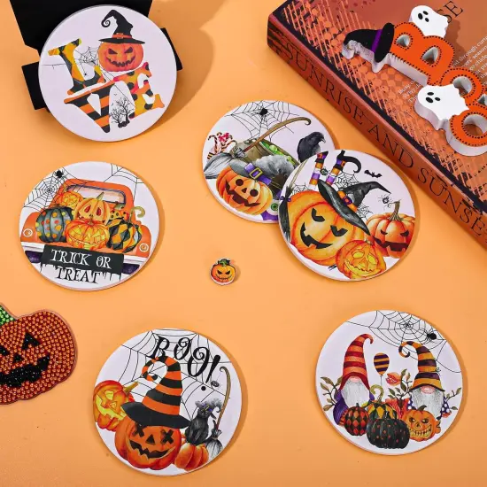 6Pcs Halloween Coasters Watercolor Ceramic Coasters Pumpkin,4.1 x 0.3 Inch {5}