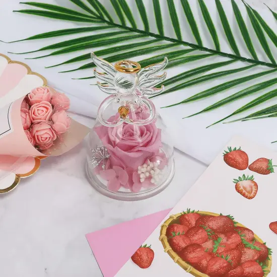 Preserved Flowers Rose in Glass Angel Figurines {4}