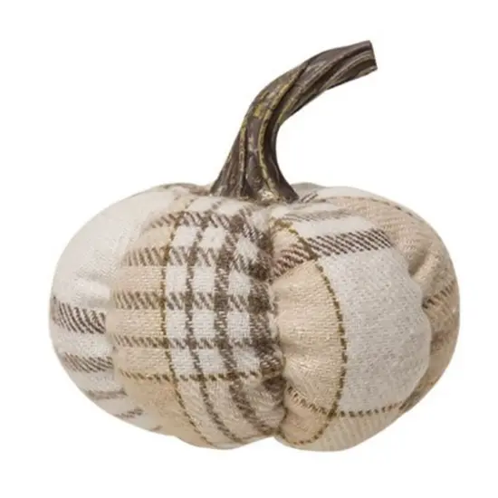 Neutral Plaid Fabric Pumpkin with Ribbed Plastic Stem for Fall Table Decor {1}