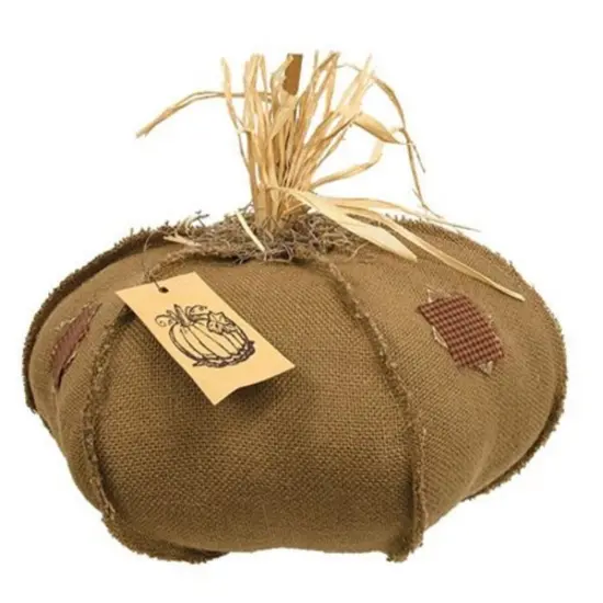 Freestanding 15" Fabric Pumpkin Sitter with Gingham Patches Ribbed Detail Stick Stem and Moss Accent Burlap {1}