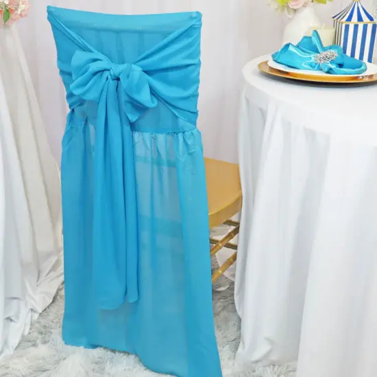 1 Piece Turquoise Sheer Chair Back Cover with Sash Flowing Chiffon Slipcover for Chiavari Chairs {2}