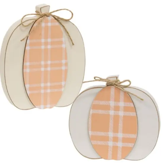Cream & Orange Plaid Wooden Pumpkin Sitter 2 Asstd. {1}