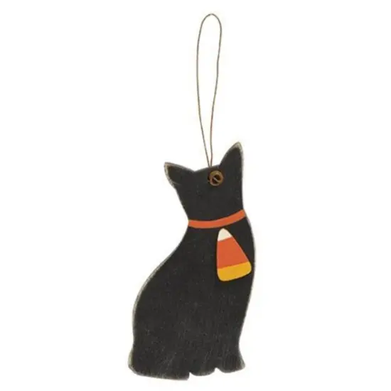 Hand-Painted Black Cat Wooden Ornament with Candy Corn Cutout and Hanging Wire for Seasonal Decor {1}