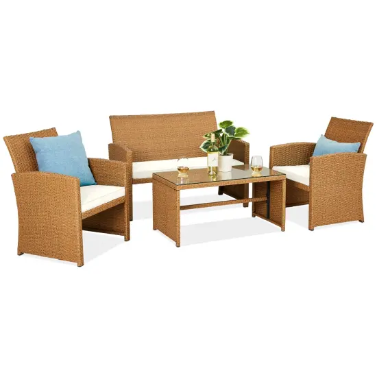 Best Choice Products 4-Piece Outdoor Wicker Patio Conversation Furniture Set w/ Table, Cushions Natural/Ivory {1}