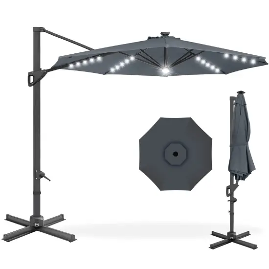Best Choice Products 10ft 360-Degree Solar LED Lit Cantilever Patio Umbrella, Outdoor Hanging Shade Slate {1}