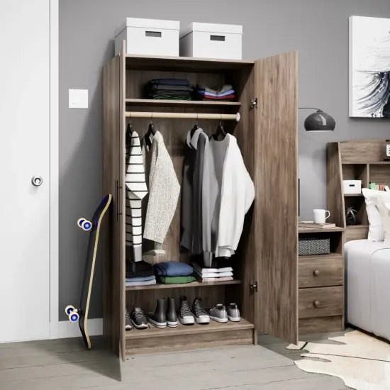 65-Inch Freestanding Tall Cabinet with Clothing Rod and Shelves for Bedroom or Kitchen Storage Grey Brown {5}