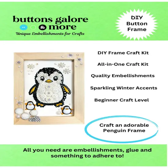 Winter Wonderland Penguin Button Art Kit, DIY Craft Frame with Snowflakes, Black and White Design, Wooden Frame, Holiday Decor {5}