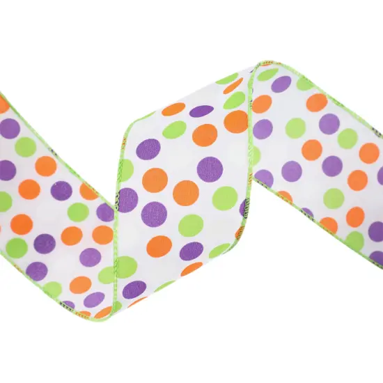 LaRibbons 2 1/2" Wired Ribbon | Multi-Colored Dots on White | 10 Yard Roll {4}