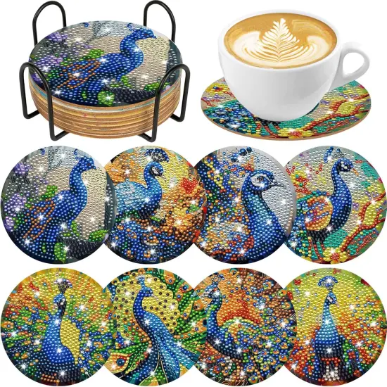 Peacock Diamond Art Coasters Kit: 8pcs Diamond Painting Coasters with Holder & Cork Pads, DIY Craft Set for Adults & Beginners, Wooden Coaster, Gifts for Home Decor {1}