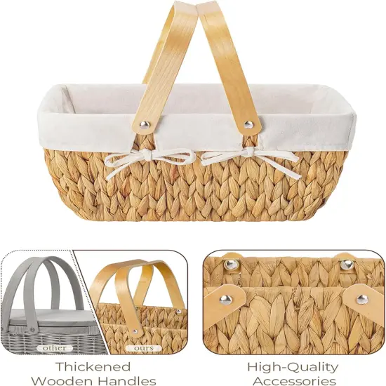Wicker Basket with Handles, Wedding Decoration Easter Basket with Liner, Handcrafted Seagrass Picnic Basket for Camping, Outdoor {2}