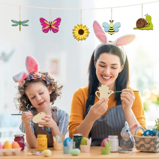 80PCS Wooden Spring Ornaments to Paint, 8 Styles DIY Blank Unfinished Wood Cutouts Ornament for Home Crafts Hanging Decorations, Insect Dragonfly Butterfly Snail Watering Can Mushroom Flower Shape {3}