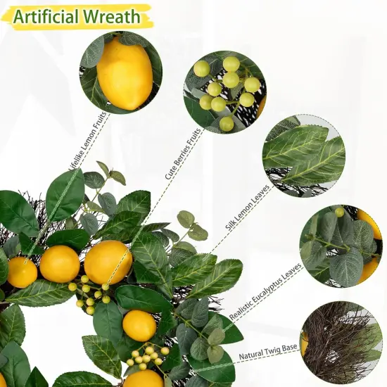 18 inch Artificial Lemon Wreath for Front Door, Spring Door Wreath Faux Lemons Door Wreath with Berries and Green Leaves Small Wreath for Indoor Wall Window Wedding Farmhouse Lemon D&eacute;cor {4}