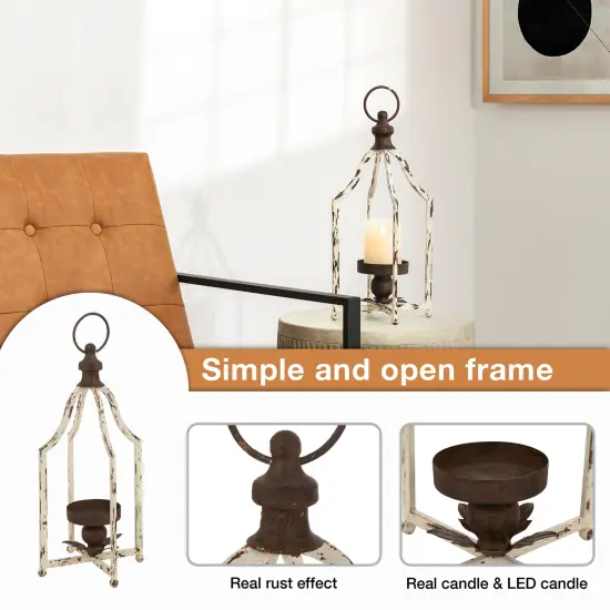 Set of 2 White Farmhouse Metal Decorative Lanterns Hanging Candle Holders Wedding Decor {4}
