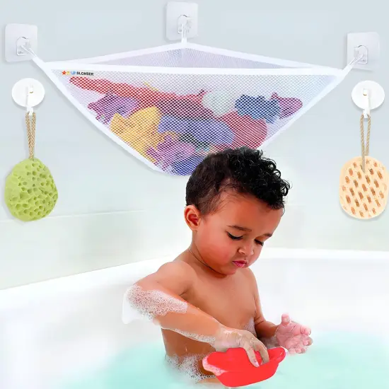 Bath Toy Holder Corner, Kids Bath Toy Net for Tub, Bathtub Holder Basket, Storage Bin Hammock Organizer, Shower Caddy Hanging Mesh Bag, Baby Bathroom Storage with 3 Suction Cups 3 Adhesive Wall Hooks {1}