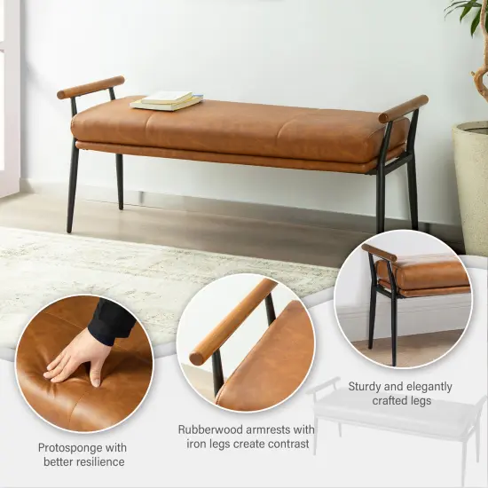 48.25"W Modern Brown Upholstered Bench with Wooden Arms and Metal Legs {3}