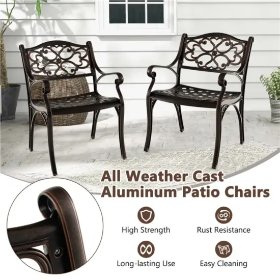 Cast Aluminum Dining Chairs Set Of 2 With Patio Chairs Armrests Flower Pattern-Bronze {2}