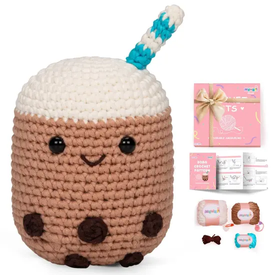 Crochet Kit for Beginners Level 1 with 40% Extra Pre-Started Easy Yarn, Step-by-Step Video Tutorials for Adults and Kids (Boba) {1}