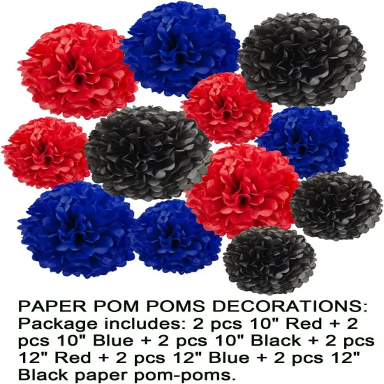 12pcs Red Blue and Black Paper Pom Poms Decorations for Spiderman Birthday Party Decorations - 3 Colors of 12 Inch, 10 Inch {4}
