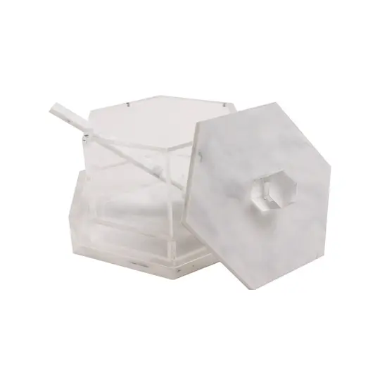 Lucite Hexagon Honey Dish With Base and Spoon Silver {4}